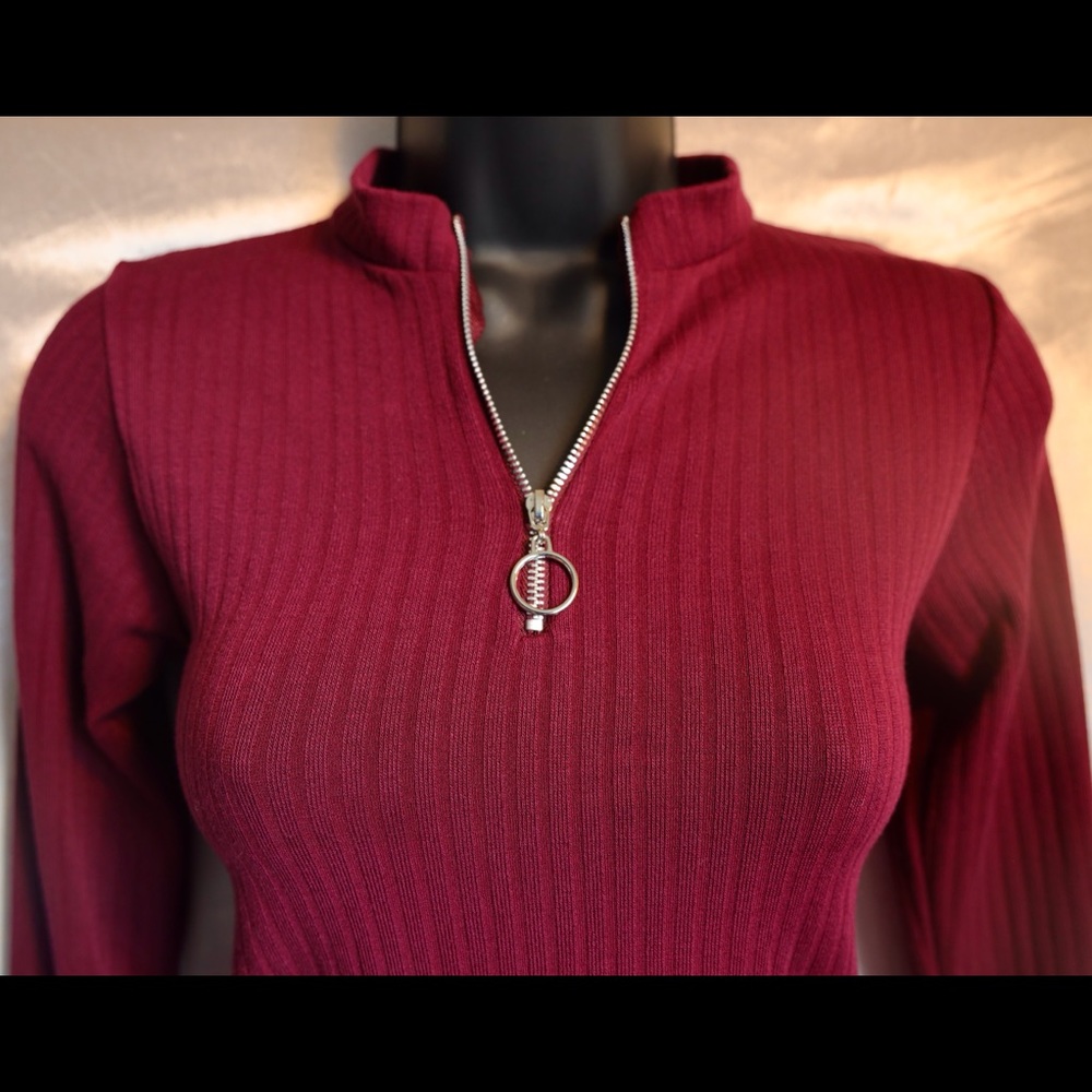 90s S ribbed knit zipper detail long sleeve top